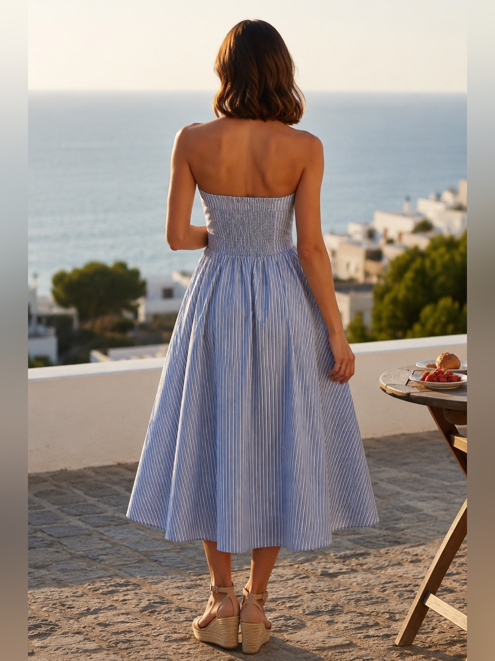 NWT American Eagle Blue Pinstripe Strapless Midi Dress Coastal Vacation Large - Picture 2 of 6
